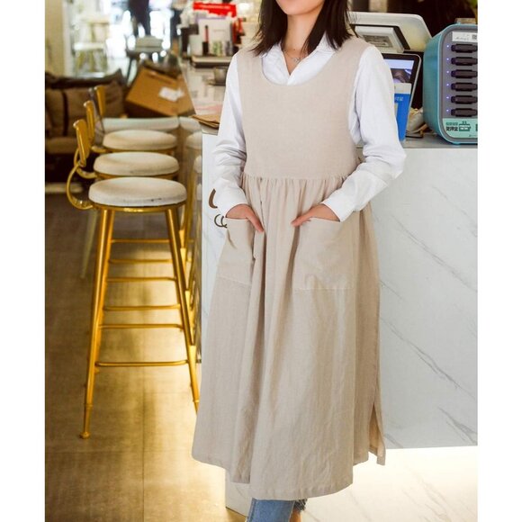 Women Plus Size Cotton Linen Vintage Pleated Split Apron Pinafore Dress with Two - Picture 3 of 9